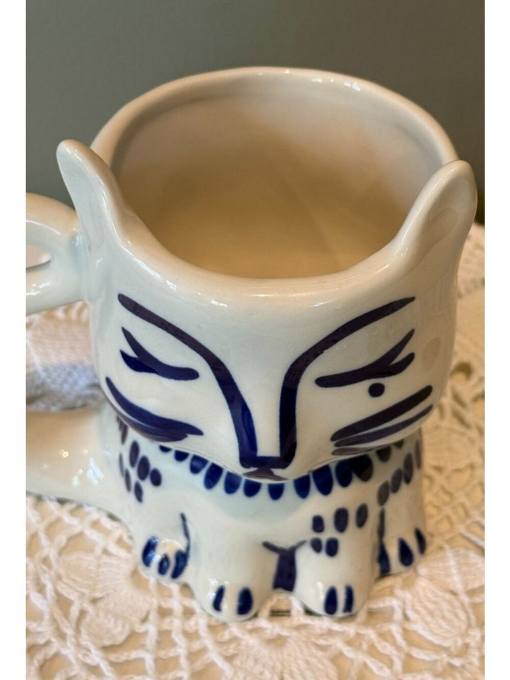 Blue & White Cat Mug, Ceramic Kitty Coffee Cup, Whimsical Cat Lover Gift - Picture 2 of 5